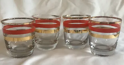 4 Vintage Juice Glasses 2 3/4  Tall Gold Trim Orange Gold Stripes/rings • $6.99