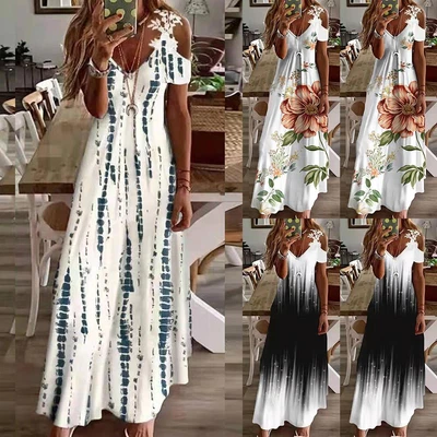 $27.29 • Buy Women Boho Floral Lace Cold Shoulder Maxi Dress Ladies Summer Holiday Sundress