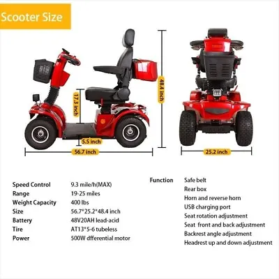 500W Heavy Duty 4 Wheel Mobility Scooters For Seniors & Adults 500lbs Capacity • $828.88