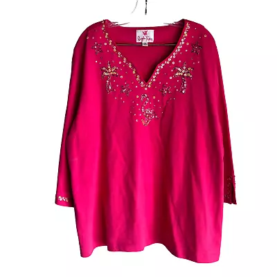 Quacker Factory Women's Top Tee Plus 2X Pink Sequin Embellished 100% Cotton Knit • $48.70