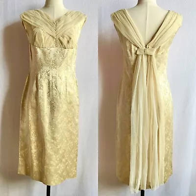 Vintage 1960s Gold Brocade Cocktail Wiggle Dress With Train Back Interest • $59.99