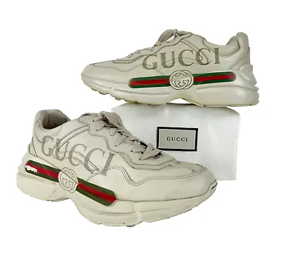 GUCCI $990 Auth Men 8.5 US 8 UK 42 EU Rhyton Vintage Logo Leather Sneakers Shoes • $247