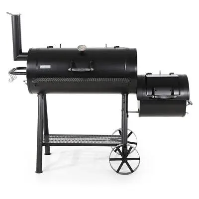 Offset Charcoal Smoker Extra Large Heavy-Duty Black Steel Wheels Thermometer • $418.80