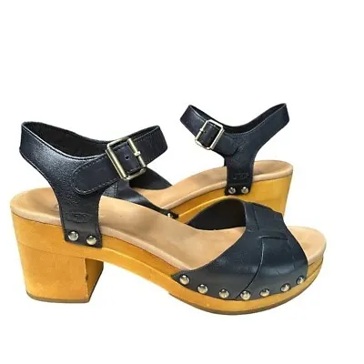 UGG Janie Black Leather Sandals Women’s Block Heel Size 7 Clog Style ‘70s • £38.92