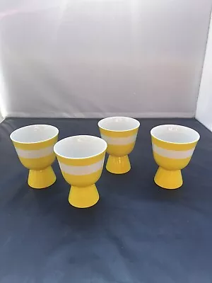 Vintage Set Of 4 Double Egg Retro Porcelain Egg Cups Yellow & White 4” Tall • $15