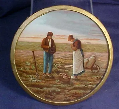 Antique Round Flue Cover Man Woman In Garden Field Metal Frame Original Chain • $38