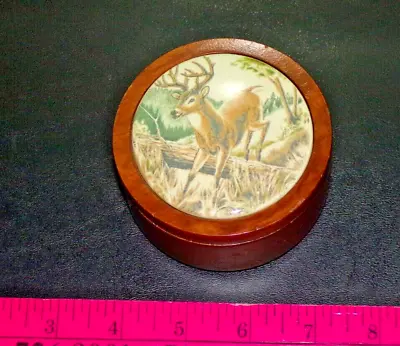 Vintage Round Wooden Trinket Box With Ceramic Lid Leaping Buck Deer VERY NICE • $13.49