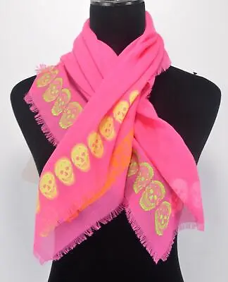 New Alexander McQueen 696931 Wool Silk SL SKULL Border Scarf Muffler PINK/ORANGE • $201.06