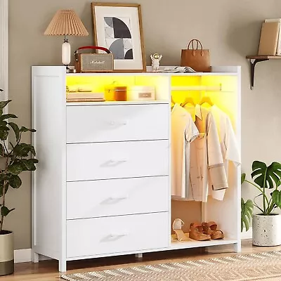 4 Drawer Dresser With LED Lights Chests Of Drawers With Clothing Rack (White) • $169.97