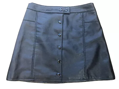 H&M Size 8 Pleather Skirt L14.5” W26” Black Faux Leather Mini Button Down Lined • £8.97