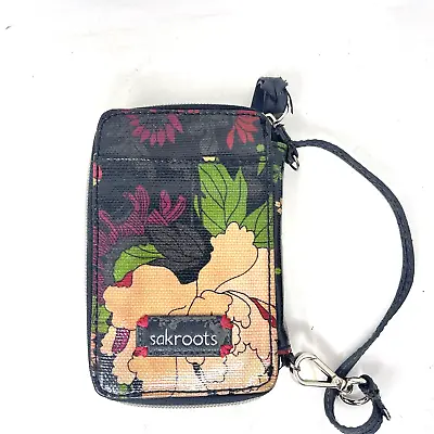 SAKROOTS Vinyl Wristlet Wallet Floral Mini Card Zipper Holder Strap Bohemian • $10