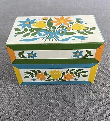 Vintage Syndicate Mfg Co Tin Metal Recipe Box Retro Yellow Orange Blue Floral • $19.99