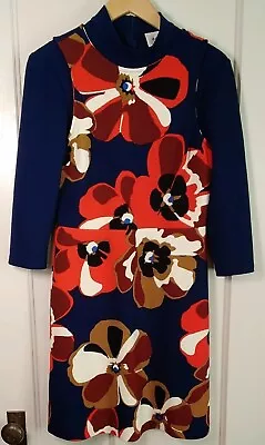 ECI Women's Blue Orange Floral Mock Neck 3/4 Sleeve Zip-Back Sheath Dress Size M • $23.90