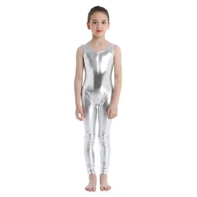 Kids Girls Full Length Jumpsuit Shiny Metallic Gymnastics Unitards Dance Leotard • £9.78