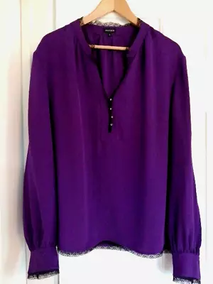 JAEGER Size 18 Purple Pure Silk Blouse Lace Trim Sparkle Buttons Party Occasion • £29.99