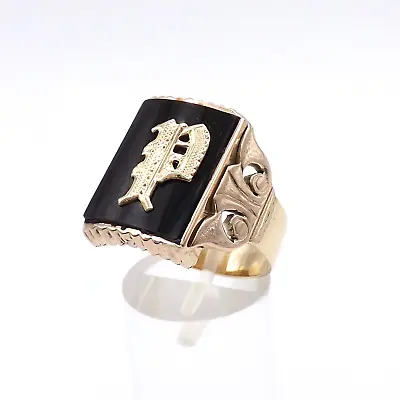 Victorian 14k Rose Gold Onyx Old English Font P Initial Signet Ring Mens Sz10 • $712.50