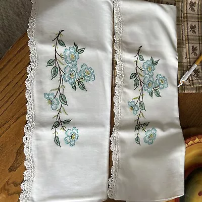 Vintage Hand Embroidered 2 Standard Pillowcases Crochet Trim Blue • $15