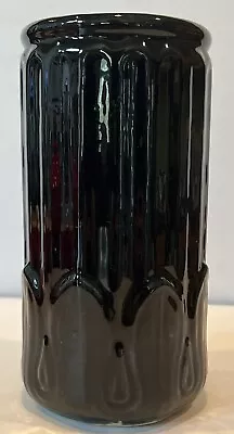 Vintage Morton Art Pottery Flower Vase F229 Black Ribbed Leaves Cylinder Glossy • $55