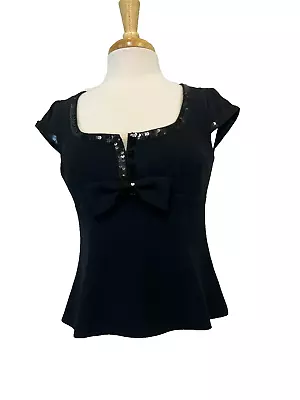 NWT Nanette Lepore Black Sparkly Party Top Sequins Bow U-Neck Cap Sleeves  SZ 8 • $44.99