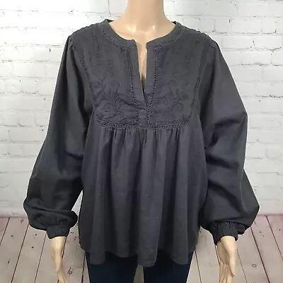 H & M Gray Cotton Peasant Top Womans 12 V Neck Embroidered V Neck Long Sleeve • $24.88