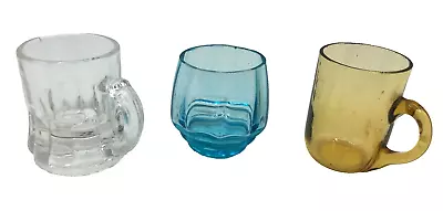 Vintage Mini Mug Glass Set Of 3 Clear Amber Blue Federal Glass Toothpick Barware • $6