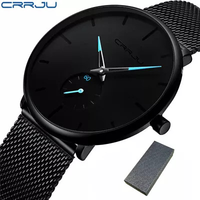 $7.99 • Buy CRRJU Mens Quartz Sports Ultra-Thin Stainless Steel Watch Waterproof Watches