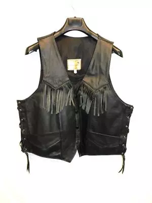 Espinoza's Size L Black Leather Motorcycle Vest Fringe Snap Lace Up Sides Biker • $39.94