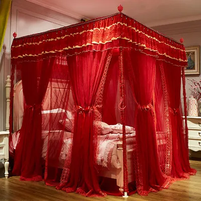 Romantic Mosquito Net Wedding Bed Netting 2 PLY Lace Bead Romantic Bed Curtains • $229.88