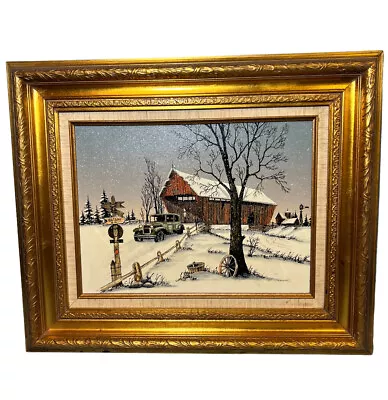 Vintage C. Carson Oil Painting Canvas Snow Winter Barn Nassau Car Automobile 24” • $67.99