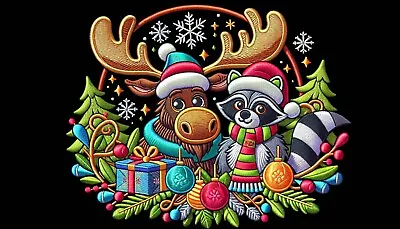 Moose & Raccoon Christmas Patch Iron-on  Applique Wild Animals Badge Craft • $7.87