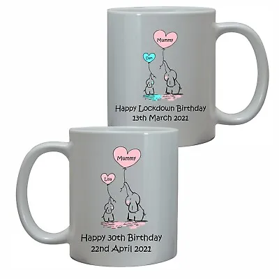 Personalised Birthday Gift Mug Cute Elephants Mummy Daddy Nanna Kids Name Gift • £10.95