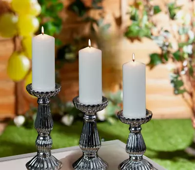 Pillar Candle Holder Set 3pc Silver Home Decoration Wedding Party Gift Elegant • £13.50