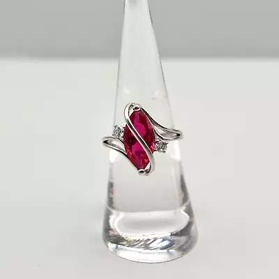 Ring Cocktail Cranberry Pink Marquis Crystal Rhinestone Accents Silver Tone Sz 7 • $16.99