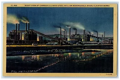 1947 Night View Carnegie Illinois Steel Mill Monongahela River Illinois Postcard • $9.95