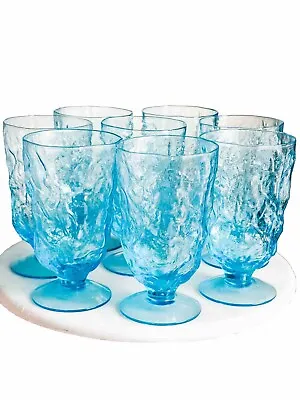 8 Morgantown Seneca Driftwood Glass Peacock Blue Crinkle Footed Goblets Tumblers • $80