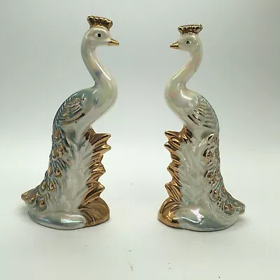 Vintage Lusterware Ceramic Peacock Figurine Set Of 2 Gold Trim • $15