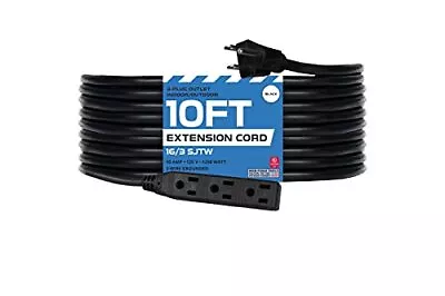 10 Ft Black Extension Cord With 3 Electrical Power Outlets - 16 Gauge SJTW • $13.99
