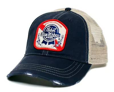 Pabst Blue Ribbon Applique Patch Hat PBR Cap Tan/Navy Truckers • $24.95