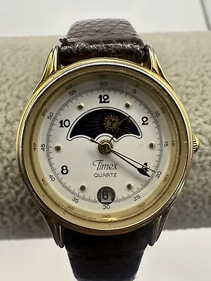 Vtg Timex Moon Phase Date Watch Women Gold Tone 24mm Leather Band New Battery Y • $59.99