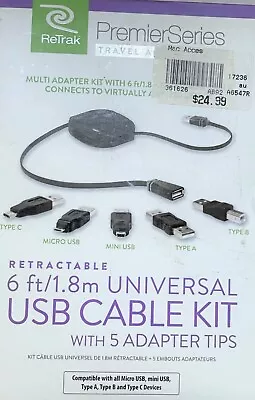 Retrak 6 Ft/1.8m Universal USB Cable Kit (w/5 Adapters Tips - Black • $10