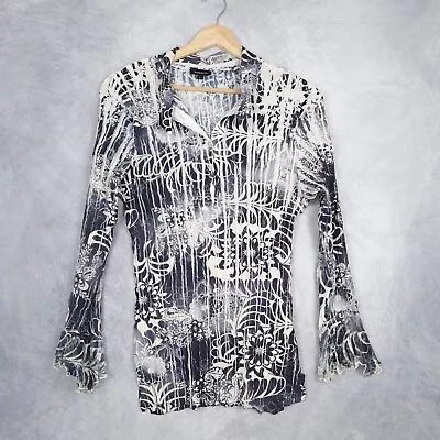 Komarov Top Womens Large Black White Accordian Crinkle Stretch Split Bell Sleeve • $34.88