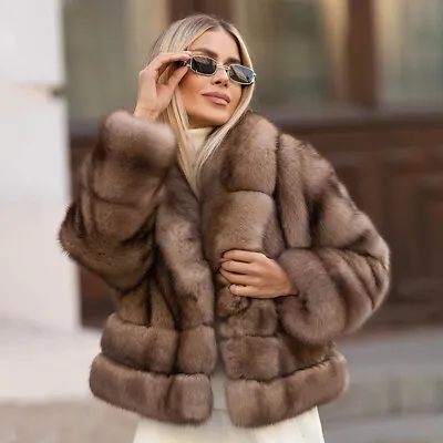 Luxury Women Sable Color Real Fox Fur Coat Winter Warm Natural Fur Lapel Jackets • £314.23
