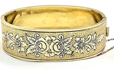 Vintage Hayward Yellow Gold Filled 3/4  Wide Bangle Bracelet Roses Safety Chain • $108.75