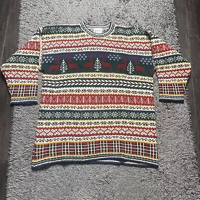 VINTAGE Laura Ashley Sweater Womens Large Wool Green Red Fair Isle Raindeer • $34.99