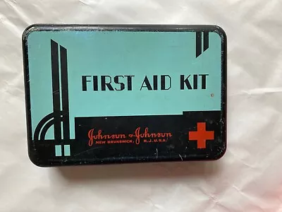 Vintage Johnson & Johnson First Aid Red Cross ART DECO Tin Case Box & Contents • $37.95