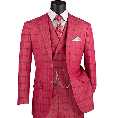 VINCI Men's Raspberry Windowpane 3pc 2-Button Modern Fit Suit - NEW • $140