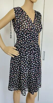 ZARA BASIC Sleeveless Bird Print Chiffon Fit & Flare Knee Length Dress M • £10.99