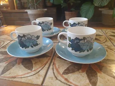 Vintage Retro Barratts Of Staffordshire Pottery Cups & Saucers 4 Blue Flowers • £12