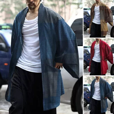 Men's Japanese Check Yukata Kimono Coat Open Front Loose Jacket Robe Outwear UK • £15.33