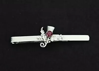 Vintage Mizpah Silver Tone Thistle Brooch Scottish Tie Clip Purple Glass Stamped • £12